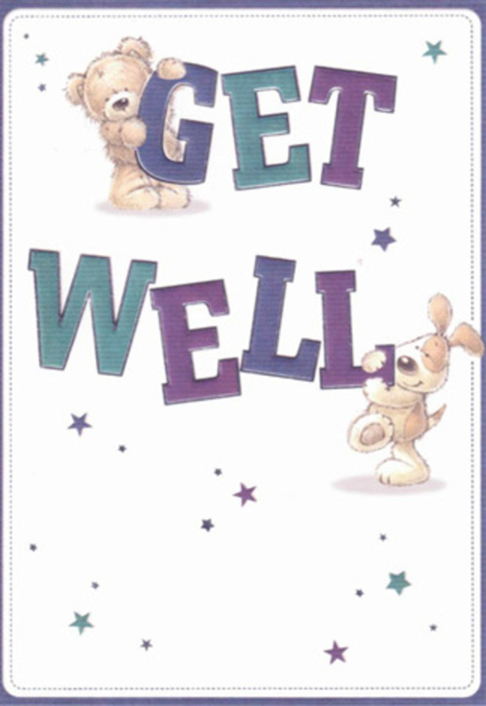 This cheerful get well card, cherished by those across the Isle of Dogs, brims with friendly optimism and artistic detail. Centred on the page are a cuddly bear and a gleeful puppy, their expressive faces and soft outlines crafted to bring comfort like a warm hug shared under the leafy arches of Mudchute City Farm. The bold, confident 'Get Well' typography pops in rich indigo and teal, grounding the scene in an atmosphere of reassurance, while a field of starlight in shades of blue and purple dances across the creamy white background. The bear curls contentedly atop 'GET'-his fur brushed with lifelike texture-while the puppy's floppy ears give 'WELL' an extra flourish of cheer. The whole composition recalls the bespoke care with which local florists build get well bouquets along Manchester Road-each element arranged to bring softness, colour, and much-needed encouragement. This card is a visual embrace, ready to lift the spirits of anyone recovering in the Isle of Dogs community.
